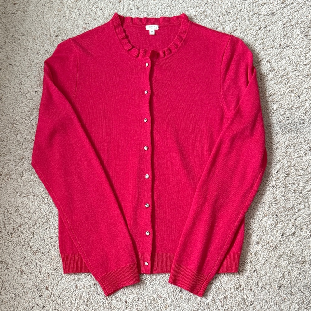 J Crew Rhine Stone Button Dark Pink Cardigan Sweater. Size M.